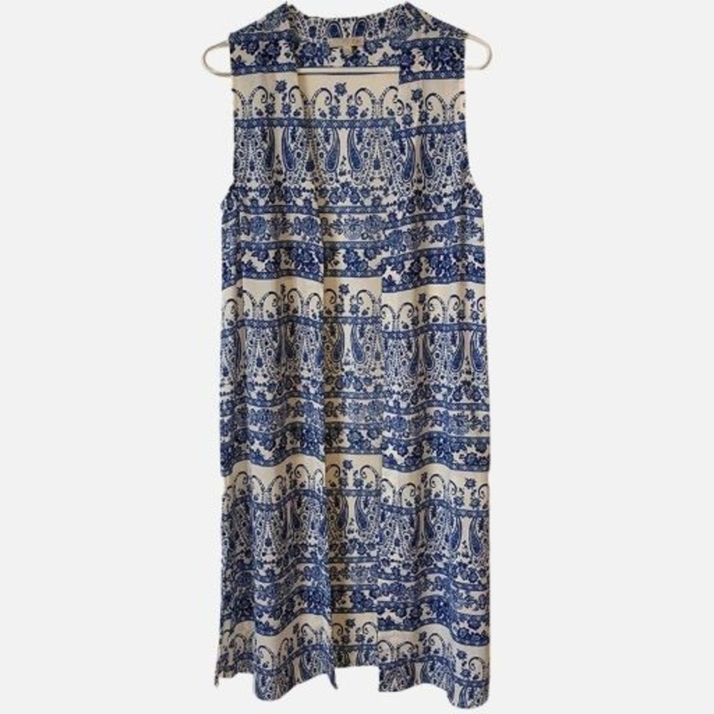 GB Blue White Paisley Floral Open Front Duster Vest Side Slits Womens XS Fairy